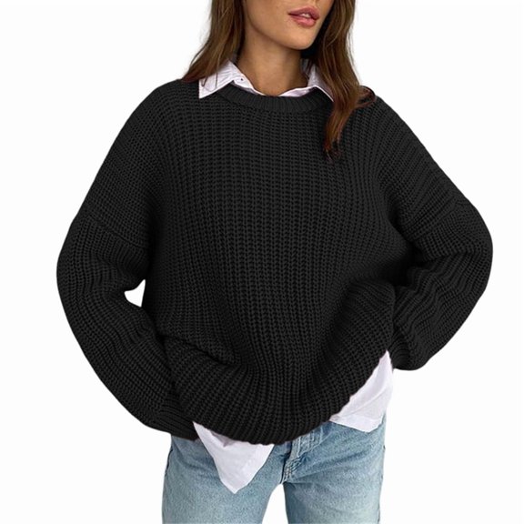 Womens Sweaters Fall Oversized Chunky Knitted Pullover Sweater Casual Long Sleeve Crewneck Cute Sweaters Black L