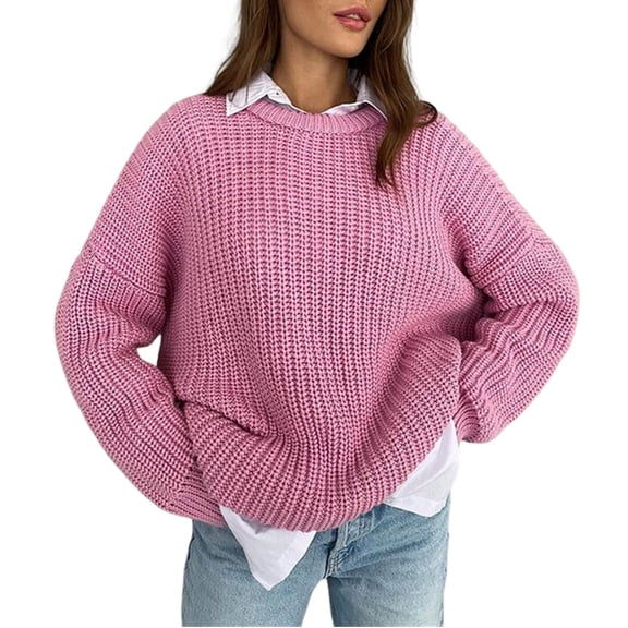 Womens Sweaters Fall Oversized Chunky Knitted Pullover Sweater Casual Long Sleeve Crewneck Cute Sweaters Pink M