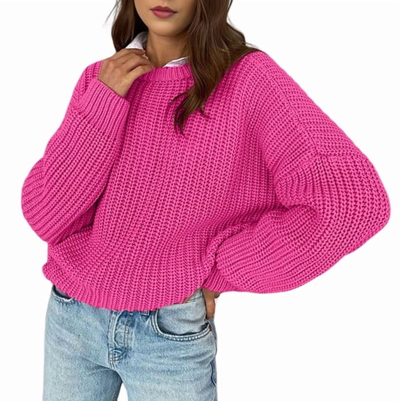 Womens Sweaters Fall Oversized Chunky Knitted Pullover Sweater Casual Long Sleeve Crewneck Cute Sweaters Rose Red S