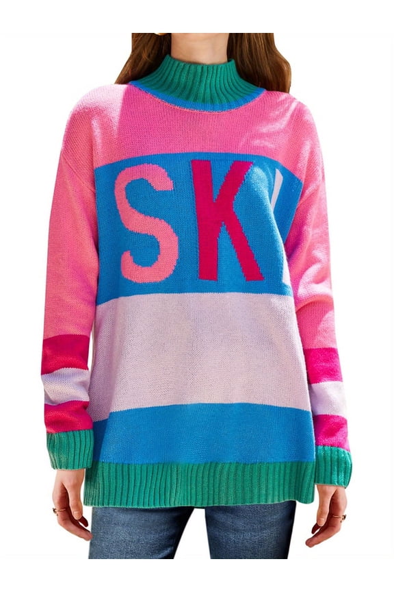 Womens Sweaters Fall Oversized Color Block Ski Sweater Crewneck Winter Tops