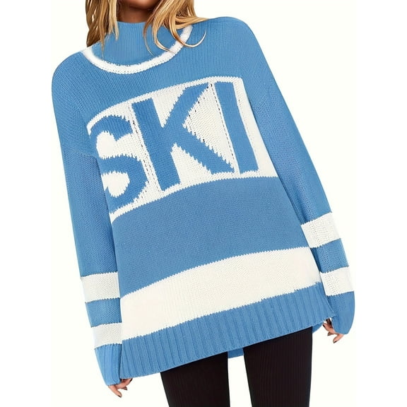 Womens Sweaters Fall Oversized Color Block Ski Sweater Crewneck Winter Tops