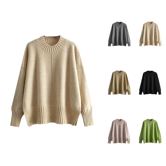 Womens Sweaters, Fall Sweaters for Women, Crewneck Solid Color Pullover, Long Sleeve Loose Thin Knit for Autumn and Winter Layering