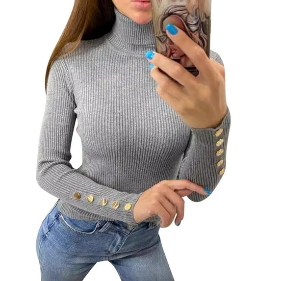 Womens Sweaters Fall Sweaters for Women Women's Stylish Slim Fit Solid Color Crew Neck Button Down Pullover Sweater