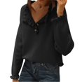 thumbnail image 1 of Womens Sweaters Fall Winter Clothes 2025 Long Sleeve Button Down Ruffle Crew Neck Casual Knitted Pullover Tops 01-Black L, 1 of 4