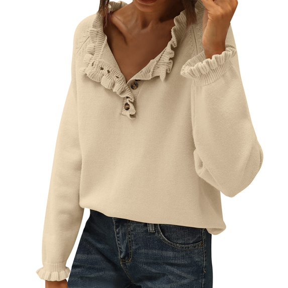 Womens Sweaters Fall Winter Clothes 2025 Long Sleeve Button Down Ruffle Crew Neck Casual Knitted Pullover Tops 03-Khaki S