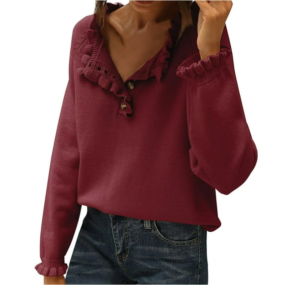 Womens Sweaters Fall Winter Clothes 2025 Long Sleeve Button Down Ruffle Crew Neck Casual Knitted Pullover Tops 04-Wine L