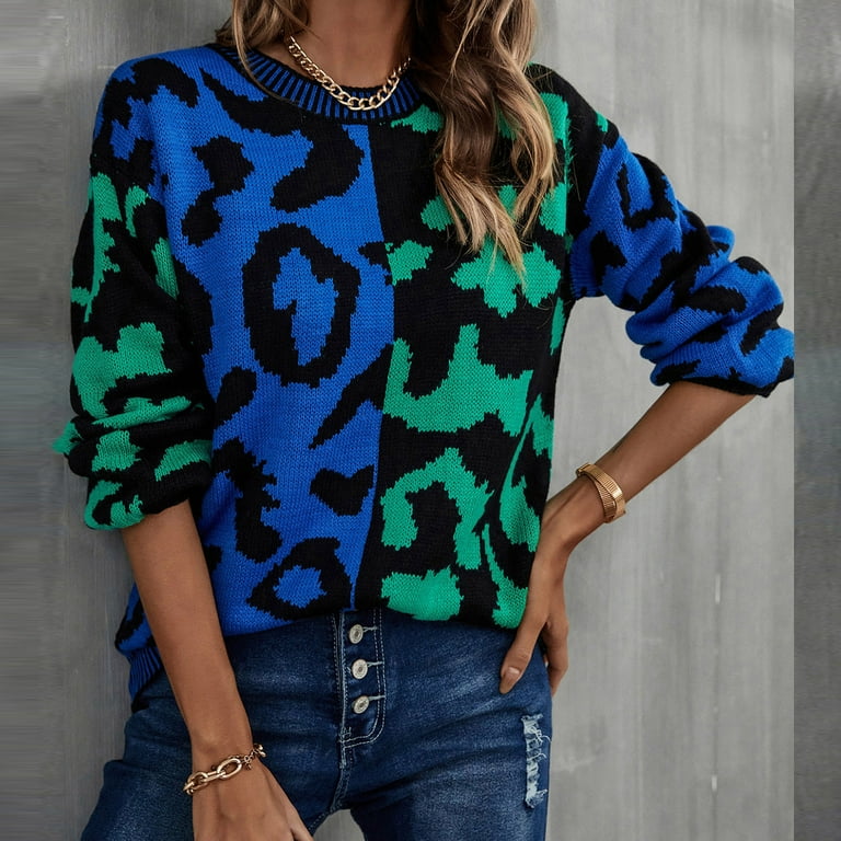 Leopard Print Round Collar Long Sleeve Knitting Sweater Leopard Print Round Collar Long Sleeve Knitting Sweater