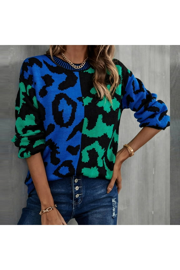 Womens Sweaters Fall Winter Dihao Plus Size Leopard Print Long Sleeve Color Splicing Knitting Pullover Round Neck Sweater Tops Slim Trendy Fit Basic Blouse