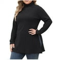 thumbnail image 1 of Womens Sweaters Fall Winter Solid Long Sleeve Ribbed Knit Turtleneck Plu Size Pullover Jumper Side Slit Mid Length Tops(Black,L), 1 of 5