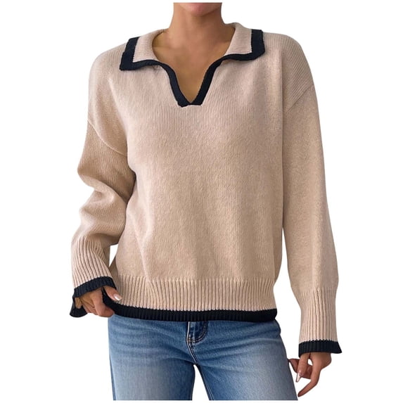 Womens Sweaters Fashion Lapel Neck Long Sleeve Knit Pullover Solid Color Casual Fall Winter Top