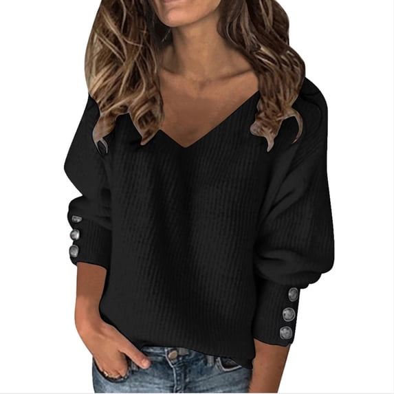 Lroplie Womens Tops V-Neck Long Sleeve Pullover Sweaters for Women Fashion Pure V-leader Button Warm Blouse Jumpers Black 2023 M