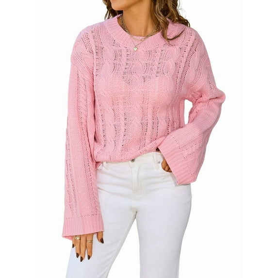Womens Sweaters Knit Crew Neck Casual Long Sleeve Fall Tunic Sweater Tops Pink XL