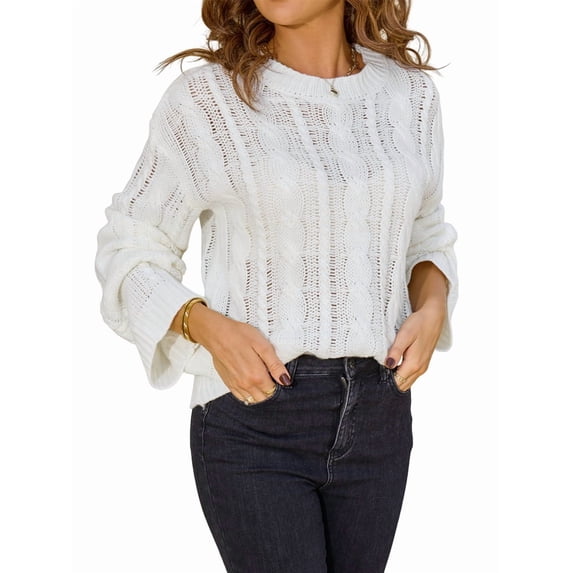 Womens Sweaters Knit Crew Neck Casual Long Sleeve Fall Tunic Sweater Tops White L