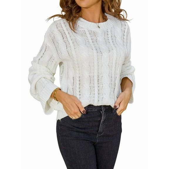 Womens Sweaters Knit Crew Neck Casual Long Sleeve Fall Tunic Sweater Tops White XL