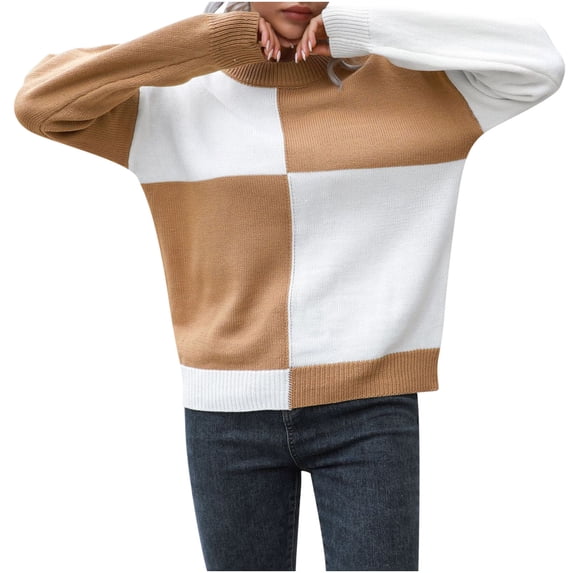 Womens Sweaters Knit Pullover Blouse Color Blocking Long Sleeve Shirts for Women Oversized Casual Loose Top (Yellow L)