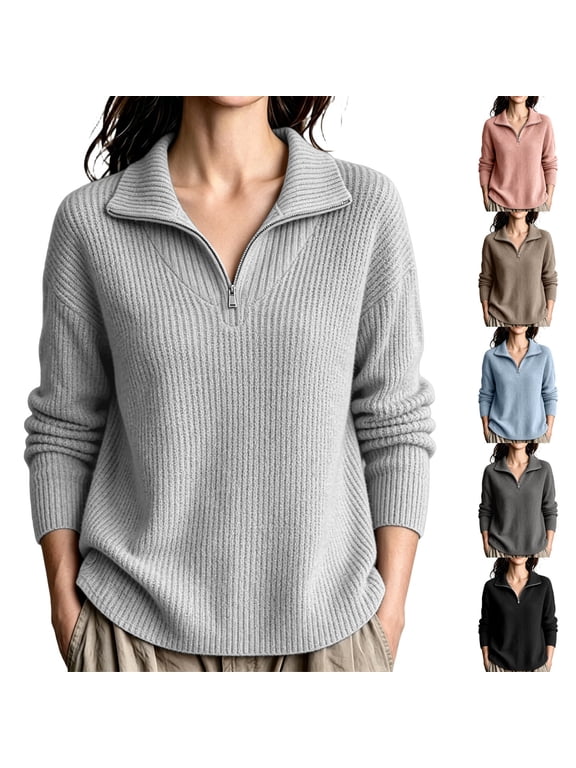 Womens Sweaters Knitted Plus Size Tops for Women Long Sleeve Loose 1/4 Zip Up Lapel Pullover Fall Winter Sweater S-5XL
