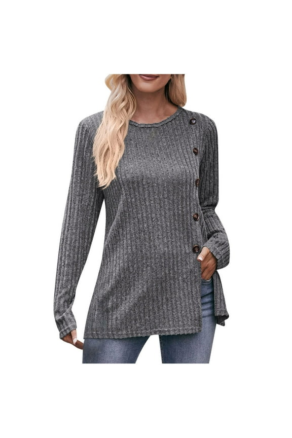 Womens Sweaters Knitting Long Sleeve Tops Button Side Splits Pullover Ribbed Kintted Pullover Crew Neck Long Sleeve Tunic Top Lightweight Knit Casual Blouses Fall Sweatshirts Office Dailywear