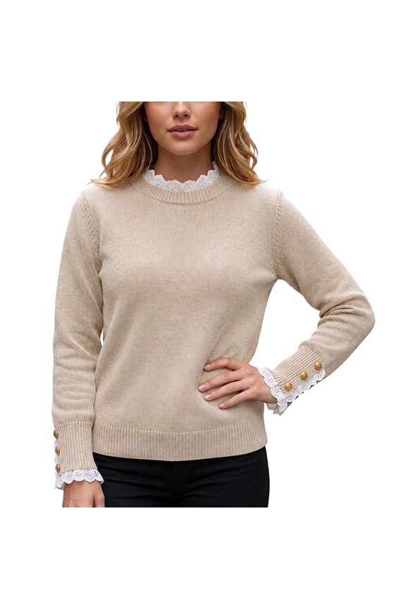 Womens Sweaters Lace Patchwork Long Sleeve Crew Neck Lightweight Casual Loose Fit Pullover Tops Fall Fashion Clothes