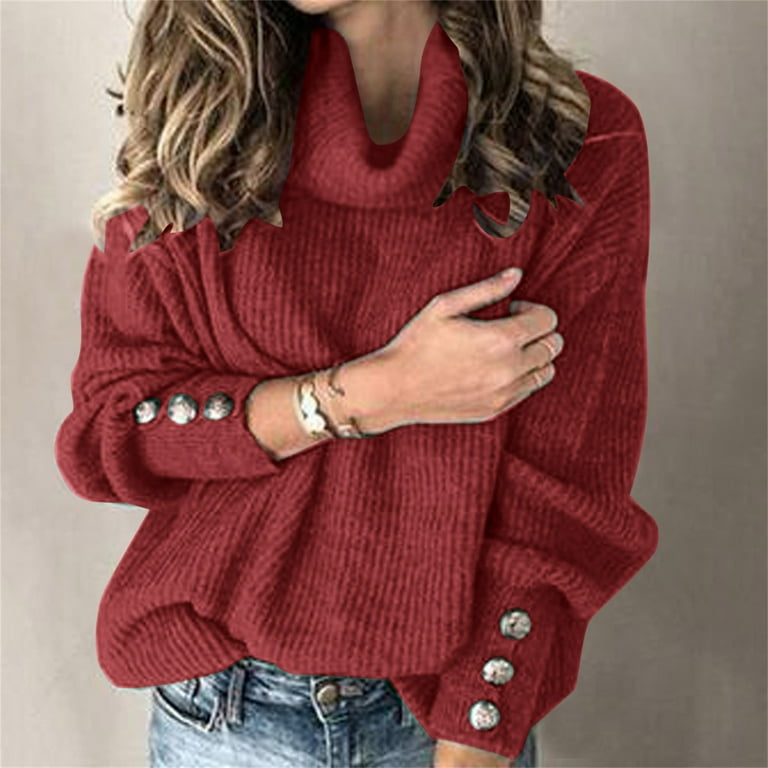 Womens Sweaters Ladies Fashion Solid Color Sweater Top Turtleneck Long Sleeve Buttons Autumn Winter Warm Soft ShirtTop Cardigan Sweaters for Women