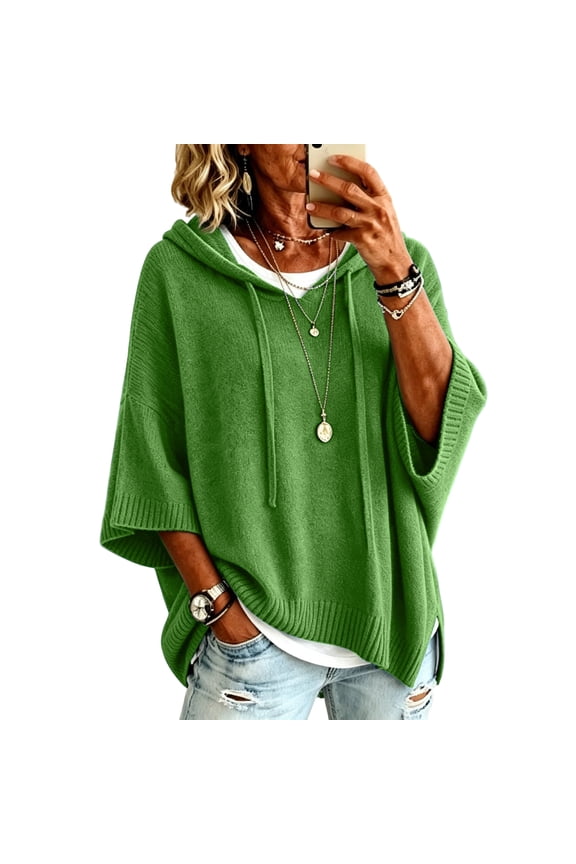 Womens Sweaters Lightweight Summer Knit Sweater Oversized 3/4 Batwing Sleeve Drawstring Hood Pullover Soft Streetwear Sweater Tops