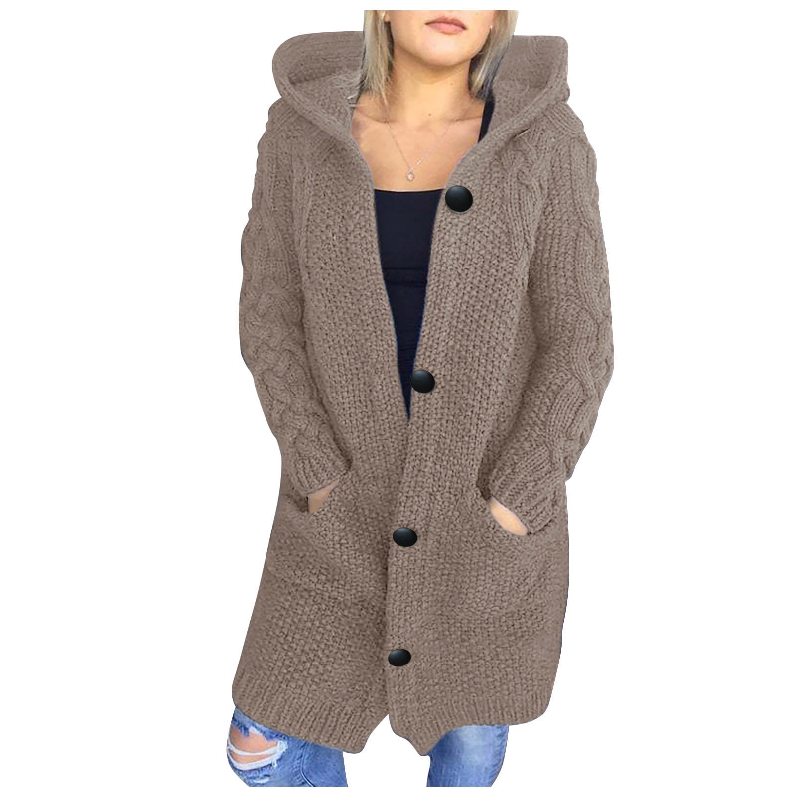 Womens Sweaters Long Sleeve Cardigan Open Front Knit Hooded Sweater Button  Down Solid Color Tops With Pockets - Walmart.com