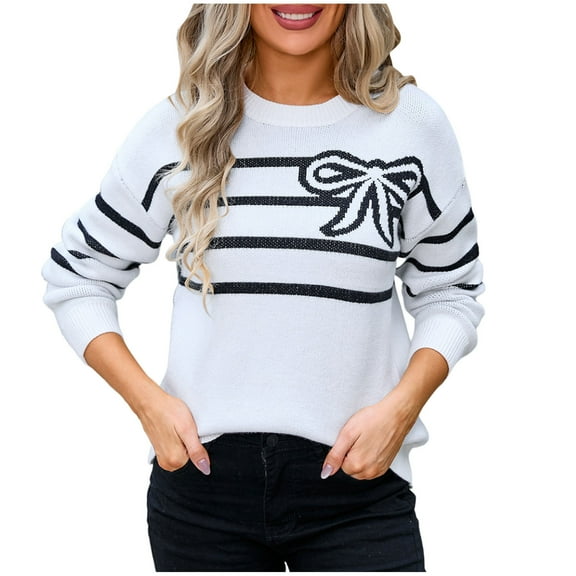 Womens Sweaters Long Sleeve Casual Stripe Pullover Tops Sweaters Fashion Clothes Black M