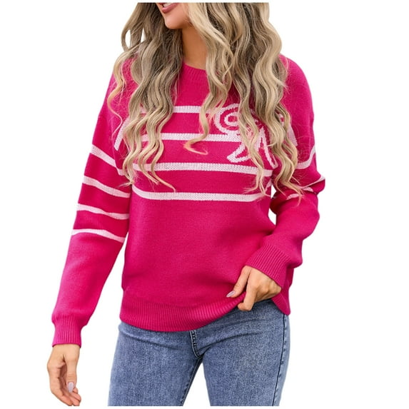 Womens Sweaters Long Sleeve Casual Stripe Pullover Tops Sweaters Fashion Clothes Hot Pink XL