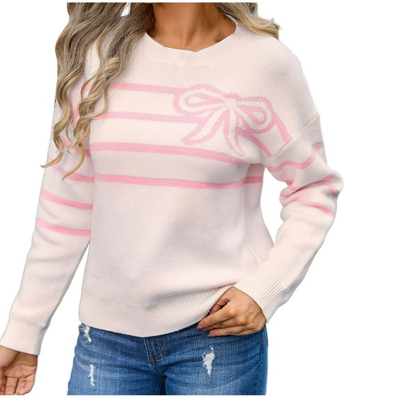 Womens Sweaters Long Sleeve Casual Stripe Pullover Tops Sweaters Fashion Clothes Pink S