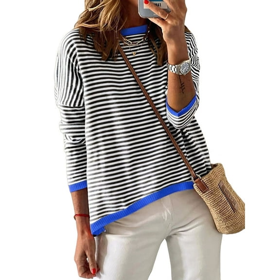 Womens Sweaters Long Sleeve Crew Neck Color Block Striped Casual Knitted Pullover Tops Black & Blue S