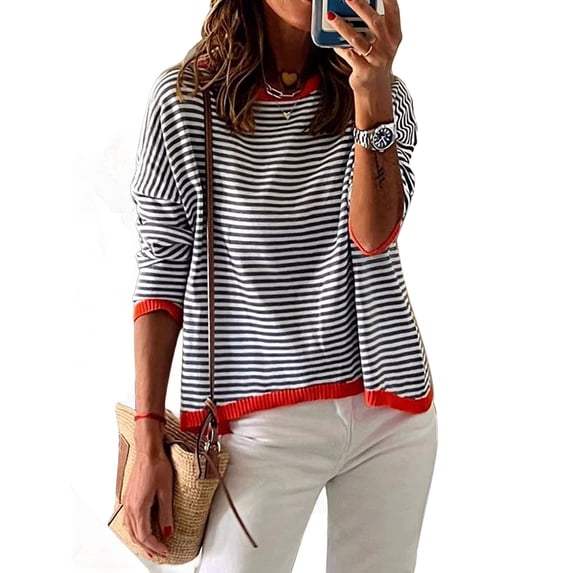 Womens Sweaters Long Sleeve Crew Neck Color Block Striped Casual Knitted Pullover Tops Black & Red M