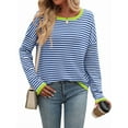 thumbnail image 1 of Womens Sweaters Long Sleeve Crew Neck Color Block Striped Casual Knitted Pullover Tops Blue M, 1 of 6