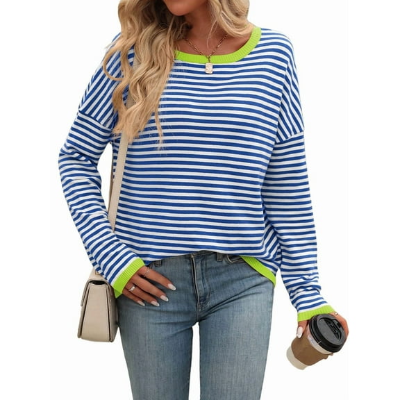 Womens Sweaters Long Sleeve Crew Neck Color Block Striped Casual Knitted Pullover Tops Blue M