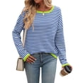 thumbnail image 1 of Womens Sweaters Long Sleeve Crew Neck Color Block Striped Casual Knitted Pullover Tops Blue S, 1 of 8