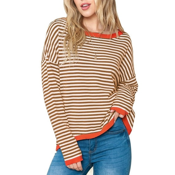 Womens Sweaters Long Sleeve Crew Neck Color Block Striped Casual Knitted Pullover Tops Caramel Color XXL
