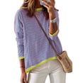 thumbnail image 1 of Womens Sweaters Long Sleeve Crew Neck Color Block Striped Casual Knitted Pullover Tops Pink Blue XXL, 1 of 7