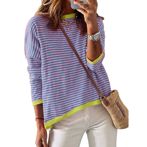 Womens Sweaters Long Sleeve Crew Neck Color Block Striped Casual Knitted Pullover Tops Pink Blue XXL