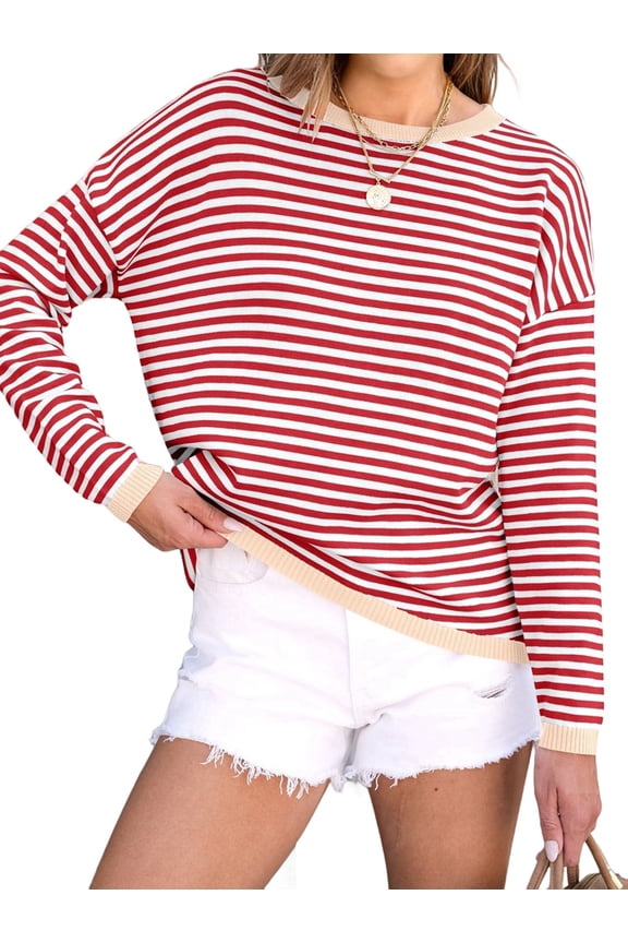 Womens Sweaters Long Sleeve Crew Neck Color Block Striped Casual Knitted Pullover Tops Red M