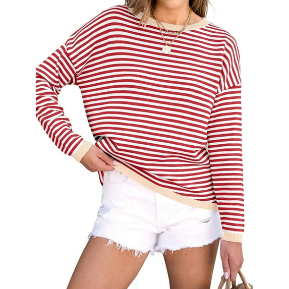Womens Sweaters Long Sleeve Crew Neck Color Block Striped Casual Knitted Pullover Tops Red S