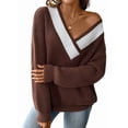 thumbnail image 1 of Womens Sweaters Long Sleeve - Knit Pullover Tops Contrast Color Stitching V-Neck Pullover Sweater Coffee L, 1 of 7