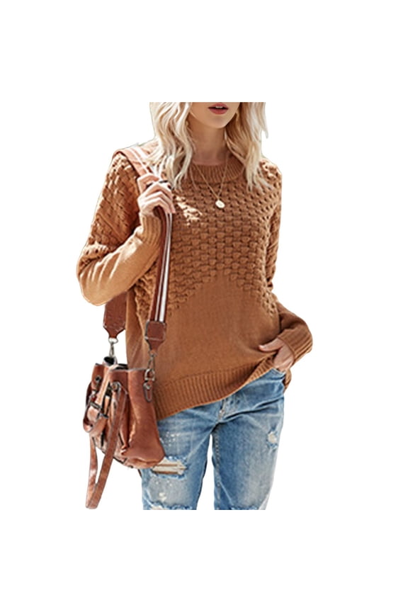 Womens Sweaters Long Sleeve Tops Crew Neck Knit Pullover Sweaters Fall Fashion Dressy Casual Basic Clothes Brown M