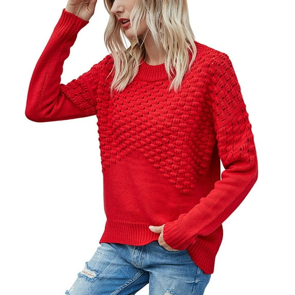 Womens Sweaters Long Sleeve Tops Crew Neck Knit Pullover Sweaters Fall Fashion Dressy Casual Basic Clothes Red XL