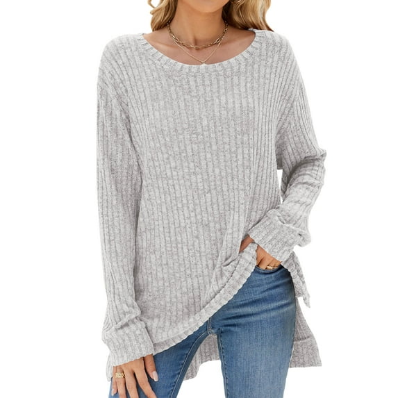SHIBEVER Womens Sweaters Long Sleeve Tops Fall Fashion Shirts Winter Lightweight Sweaters for Women Tops Dressy Casual Light Gray T-Shirts Blouse Size XXL