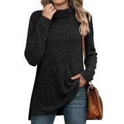 SHIBEVER Sweaters for Women Long Sleeve Pullover Casual Fall Tunic Tops Turtleneck Lightweight Soft Sweaters Side Split Loose Winter Clothes