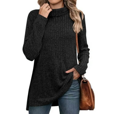 SHIBEVER Sweaters for Women Long Sleeve Pullover Casual Fall Tunic Tops Turtleneck Lightweight Soft Sweaters Side Split Loose Winter Clothes