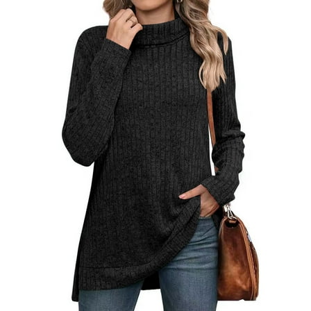 SHIBEVER Sweaters for Women Long Sleeve Pullover Casual Fall Tunic Tops Turtleneck Lightweight Soft Sweaters Side Split Loose Winter Clothes