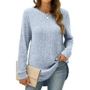 SHIBEVER Long Sleeve Tops for Women Casual Soft Sweaters Crewneck Side Spilt Shirts Winter Lightweight Sweaters for Women Shirts Dressy Pullover Sweatshirts