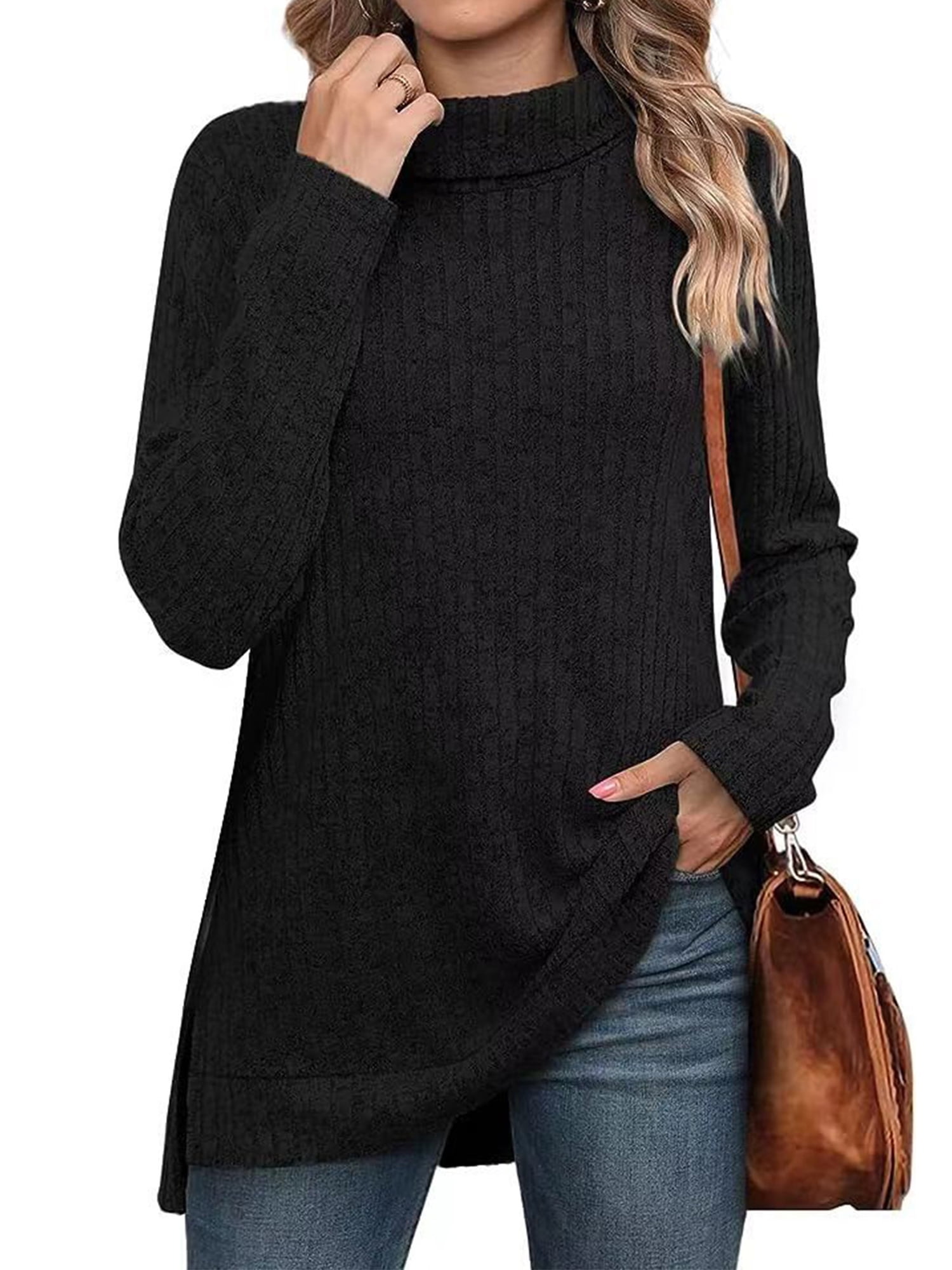 Sweaters for Women Long Sleeve Pullover Casual Fall Tunic Tops Turtleneck Lightweight Soft Sweaters Side Split Loose Winter Clothes