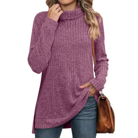 SHIBEVER Sweaters for Women Turtleneck Long Sleeve Tops Fall Side Split Fashion Shirts Winter Lightweight Womens Tops Dressy Casual T Shirts Blouse