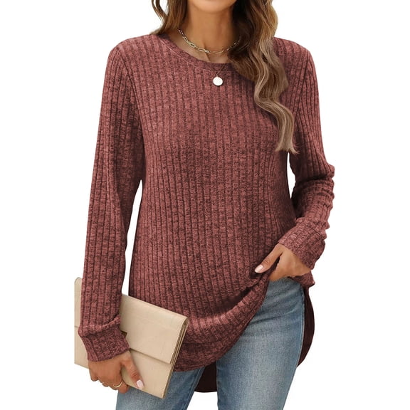 SHIBEVER Fall Tops for Women Long Sleeve Sweaters Crew Neck Side Spilt Shirts Winter Lightweight Sweaters for Women Sweatshirts Dressy Casual Pullover