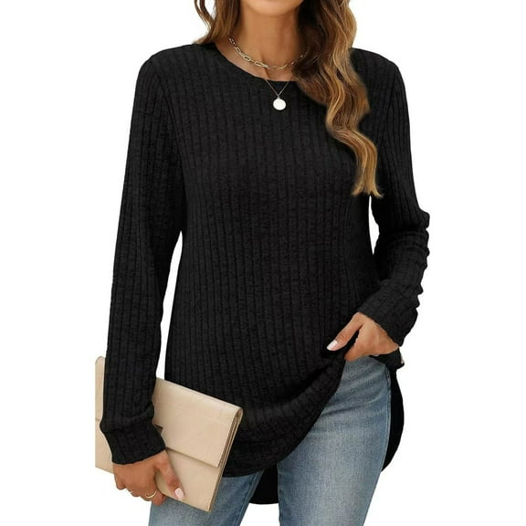 SHIBEVER Womens Sweaters Long Sleeve Tops Fall Crewneck Side Spilt Shirts Winter Lightweight Sweaters for Women Tops Dressy Casual Blouses